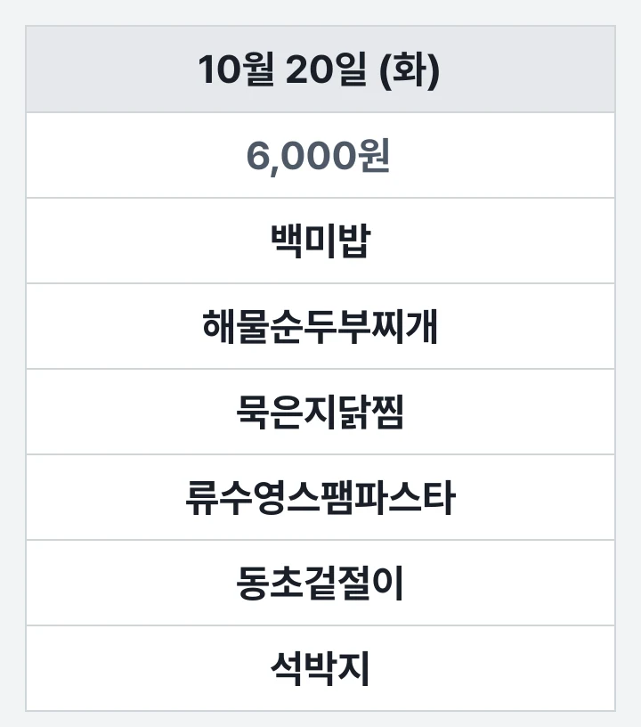 부산보건대 생활관 식당 10월 20일 (화) 점심 식단표: 백미밥, 해물순두부찌개, 묵은지닭찜, 류수영스팸파스타, 동초겉절이, 석박지