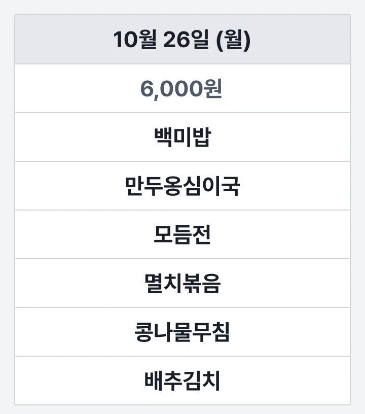 부산보건대 생활관 식당 10월 26일 (월) 점심 식단표: 백미밥, 만두옹심이국, 모듬전, 멸치볶음, 콩나물무침, 배추김치