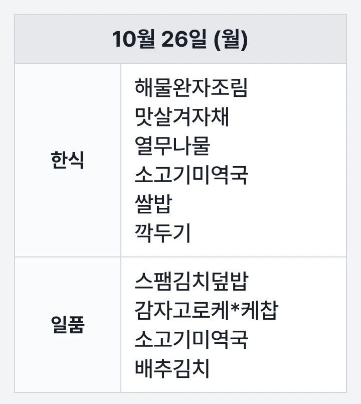 동의대 행복기숙사 식당 10월 26일 (월) 점심 식단표: 해물완자조림, 맛살겨자채, 열무나물, 소고기미역국, 쌀밥, 깍두기, 스팸김치덮밥, 감자고로케*케찹, 소고기미역국, 배추김치