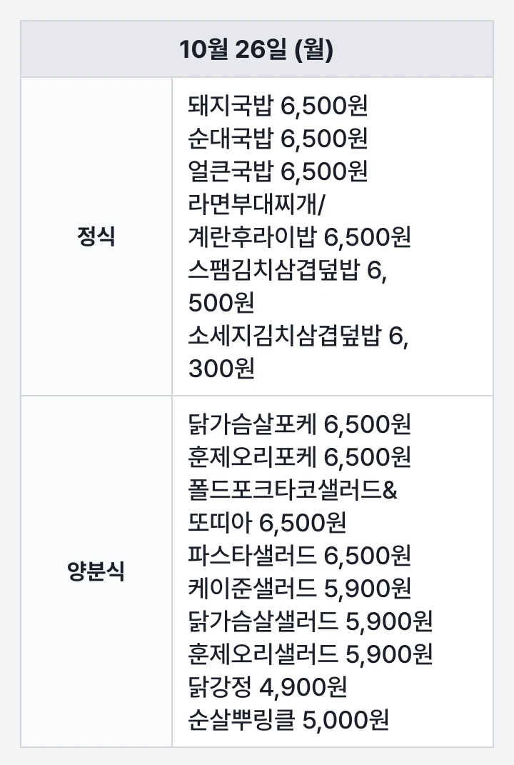 동아대 승학 학생회관 식당 10월 26일 (월) 점심 식단표: 돼지국밥 6,500원, 순대국밥 6,500원, 얼큰국밥 6,500원, 라면부대찌개/계란후라이밥 6,500원, 스팸김치삼겹덮밥 6,500원, 소세지김치삼겹덮밥 6,300원, 닭가슴살포케 6,500원, 훈제오리포케 6,500원, 폴드포크타코샐러드&또띠아 6,500원, 파스타샐러드 6,500원, 케이준샐러드 5,900원, 닭가슴살샐러드 5,900원