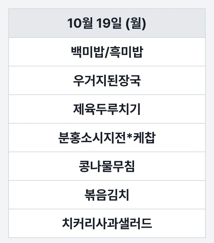 해양대 해송홀 교직원식당 10월 19일 (월) 점심 식단표: 백미밥/흑미밥, 우거지된장국, 제육두루치기, 분홍소시지전*케찹, 콩나물무침, 볶음김치, 치커리사과샐러드
